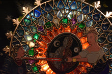 Load image into Gallery viewer, stained glass pin design notre dame rose window start wars rey and ben solo 
