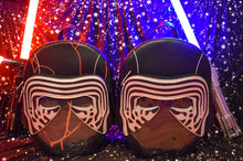 Load image into Gallery viewer, kylo helmet backpack with clear cut out window display and lightsabers with a star and moon background
