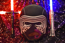 Load image into Gallery viewer, kylo ren helmet backpack with clear cut out window display and lightsabers with a star and moon background
