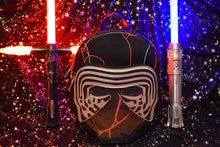 Load image into Gallery viewer, kylo ren helmet backpack with clear cut out window display and lightsabers with a star and moon background
